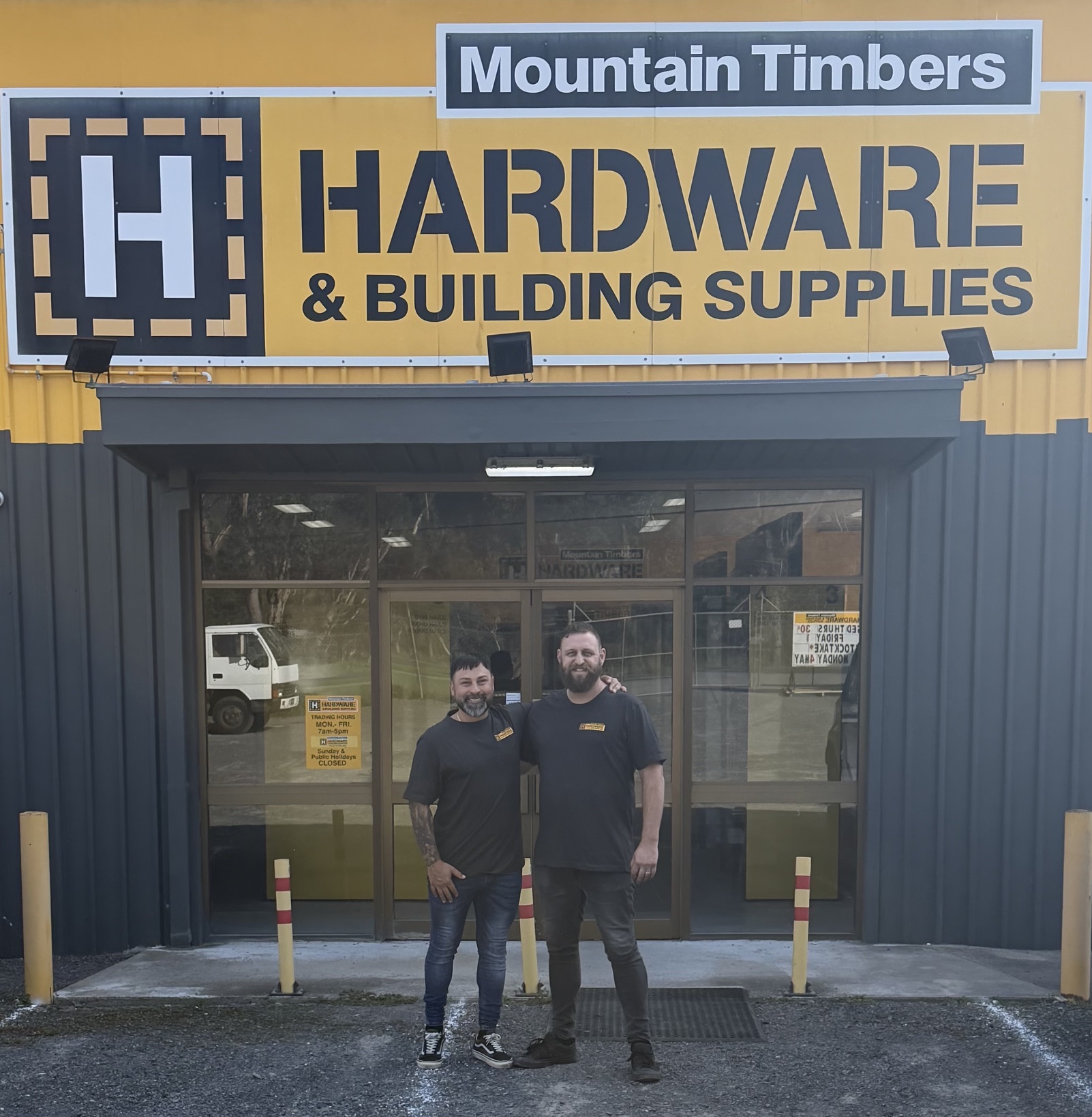 Owners Jarrad Peters and Chris Shambrook outside the Mountain Timbers H Hardware store in Kilsyth